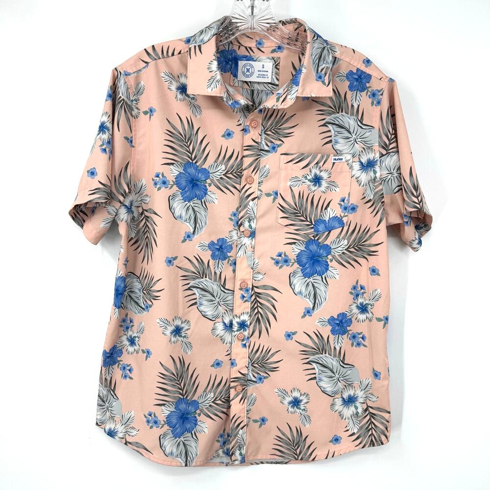 Hurley Hawaiian Button Up Shirt Men's S Pink Floral Quick Dry Beach Vacation